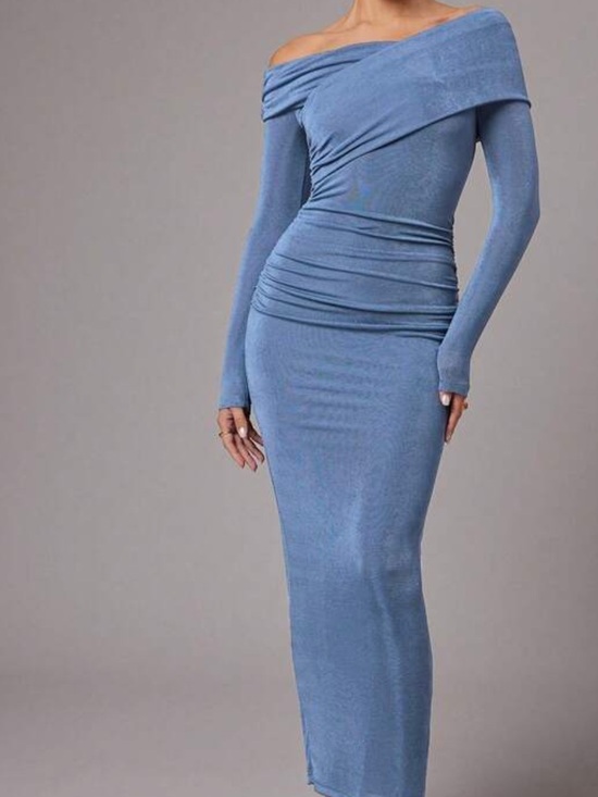 Dresses & Skirts - Light Blue Off-Shoulder Ruched Midi Dress